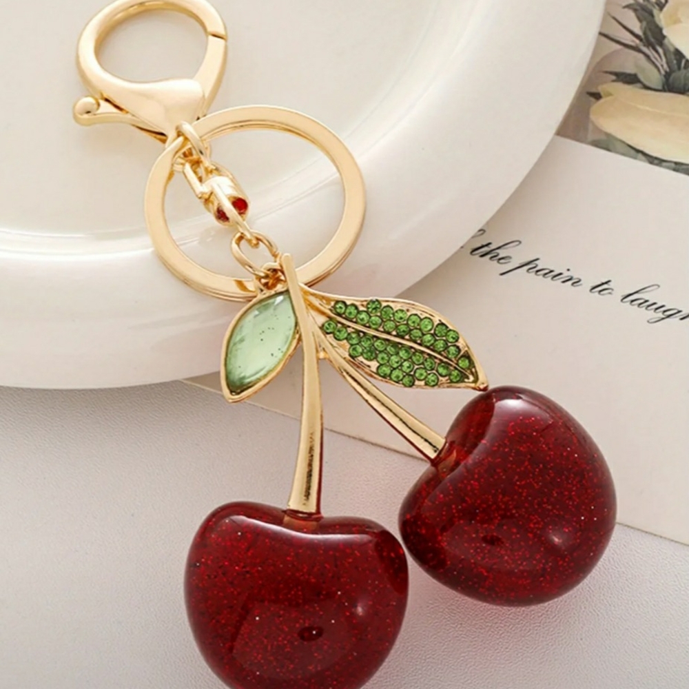 🍒Chunky Cherry Keychain/Pursecharm,  Goldtone With Green Rhinestone Leaf NWOT🍒